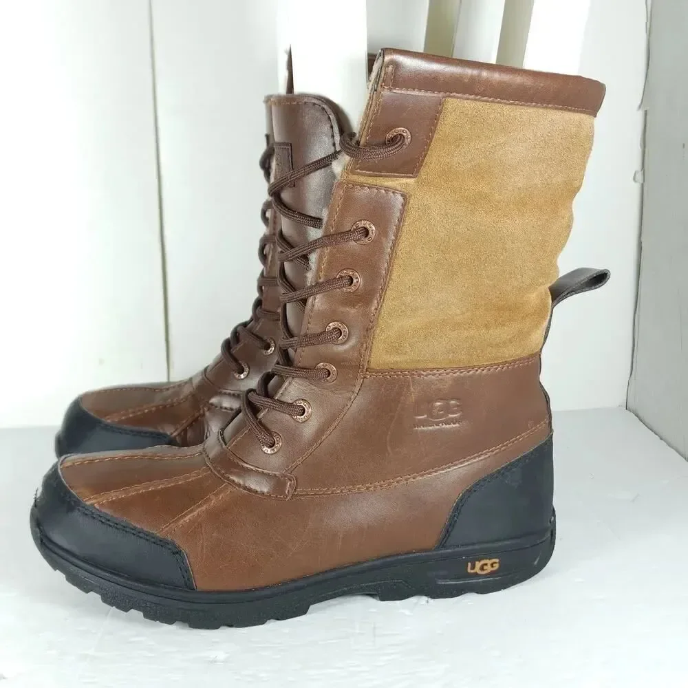 UGG Butte Il Youth US6 /W US7 Brown Leather Sheepskin Lined Lace Up Winter Boots